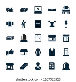 Front icon. collection of 25 front filled icons such as garden bench, store, level ruler, door, window, mannequin, blouse. editable front icons for web and mobile.