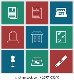 Front icon. collection of 9 front filled and outline icons such as mannequin, shop, window, level ruler, newspaper. editable front icons for web and mobile.