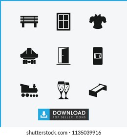 Front Icon. Collection Of 9 Front Filled Icons Such As Garden Bench, Vending Machine, Window, Bench, Cargo Plane Back View, Door. Editable Front Icons For Web And Mobile.