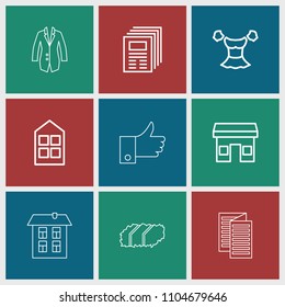 Front icon. collection of 9 front outline icons such as window, blouse, store, newspaper, garden bench, news, jacket. editable front icons for web and mobile.