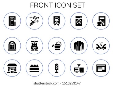 front icon set. 15 filled front icons.  Collection Of - Door, Window, Blower, Human body, Contract, Watering can, Washing machine, Jacket, Newspaper, Accident, Shop, Store icons