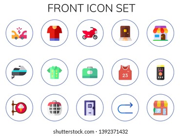 Front Icon Set. 15 Flat Front Icons.  Collection Of - Accident, Jet Ski, Tshirt, Motorbike, Carrier, Door, Basketball Jersey, Shop, Remote Control, Redo, Store