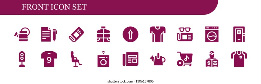front icon set. 18 filled front icons.  Collection Of - Watering can, Contract, Newspaper, Vest, Traffic signal, Tshirt, Washing machine, Door, Traffic light, Soccer jersey, Salon chair