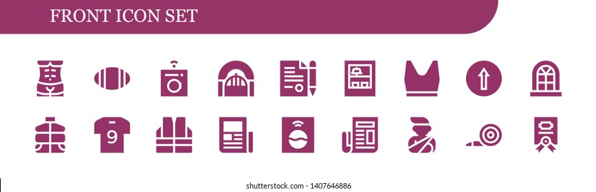 front icon set. 18 filled front icons.  Simple modern icons about  - Human body, Rugby, Washing machine, Door, Contract, Shop, Tank top, Traffic signal, Window, Vest, Soccer jersey