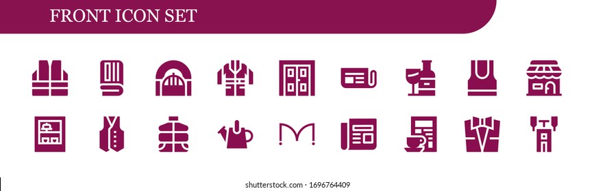 front icon set. 18 filled front icons.  Simple modern icons such as: Vest, Newspaper, Door, Jacket, Double door, Wine bottle, Tank top, Shop, Watering can, Doors, Suit, Semaphore