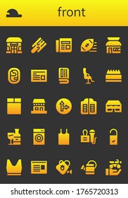 front icon set. 26 filled front icons. Included Shop, Baseball cap, Cutting board, Newspaper, Rugby ball, Store, Window, Salon chair, Washing machine, Traffic signal, Doors icons