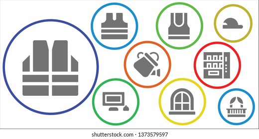 front icon set. 9 filled front icons.  Collection Of - Vest, Sleeveless shirt, Tank top, Personal computer, Window, Watering can, Vending machine, Baseball cap, Balcony