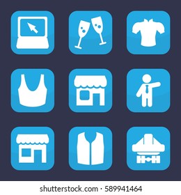 front icon. Set of 9 filled front icons such as sport bra, blouse, sleeveless shirt, businessman, cargo plane back view, laptop, shop, store