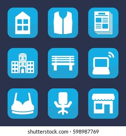 front icon. Set of 9 filled front icons such as window, sport bra, sleeveless shirt, bench, laptop, hospital building, office chair, store