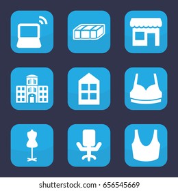 Front icon. set of 9 filled front icons such as garden bench, window, mannequin, sport bra, laptop, hospital building, office chair