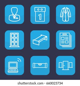 Front icon. set of 9 outline front icons such as garden bench, level ruler, door, laptop, jacket, businessman, washing machine on sale