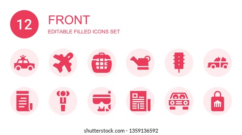 front icon set. Collection of 12 filled front icons included Police car, Aviation, Carrier, Watering can, Traffic light, Newspaper, Businessman, Goggles, Car, Shop
