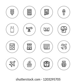 Front icon set. collection of 16 outline front icons with balcony, human body, jacket, newspaper, personal computer, plane, shop, sleeveless shirt, traffic light, suit icons.
