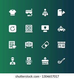 front icon set. Collection of 16 filled front icons included Blower, Shop, Personal computer, Press, Goggles, Door, Newspaper, Police car, Window, Refresh, Watering can, Businessman