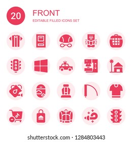 front icon set. Collection of 20 filled front icons included Tshirt, Door, Goggles, Personal computer, Carrier, Traffic light, Windows, Police car, Press, Beach house, Watering can