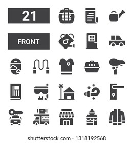 front icon set. Collection of 21 filled front icons included Jacket, Bakery shop, Store, Food truck, Car, Door handle, Blower, Beach house, Goggles, Newspaper, Seat, Carrier, Tshirt