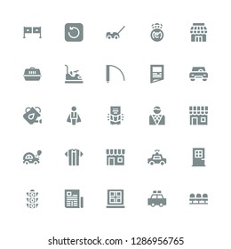 front icon set. Collection of 25 filled front icons included Seats, Police car, Window, Newspaper, Traffic light, Door, Shop, Tshirt, Car, Businessman, Personal computer, Watering can