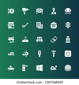 front icon set. Collection of 25 filled front icons included Jacket, Car, Windows, Door handle, Police car, Refresh, Businessman, Traffic light, Blower, Seat, Goggles, Carrier
