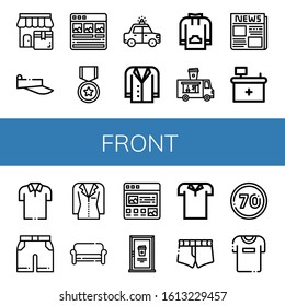 front icon set. Collection of Shop, Visor, Article, Official, Police car, Jacket, Sweatshirt, Food truck, Newspaper, Front desk, Polo shirt, Shorts, Sofa, Door, Short, Speed limit icons