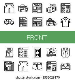 front icon set. Collection of Shorts, Suv, Food truck, Newspaper, Article, Engine, Polo shirt, Entrance, Door, Short, Shift, Jacket, Sofa icons