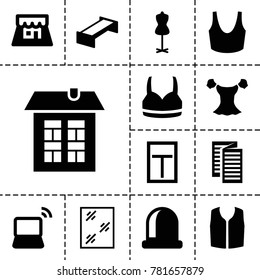 Front icons. set of 13 editable filled front icons such as garden bench, window, mannequin, sport bra, blouse, sleeveless shirt, laptop, opened door, shop