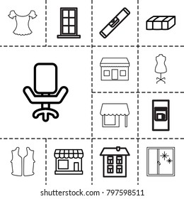 Front icons. set of 13 editable outline front icons such as garden bench, store, office chair, vending machine, level ruler, door, window, mannequin, blouse
