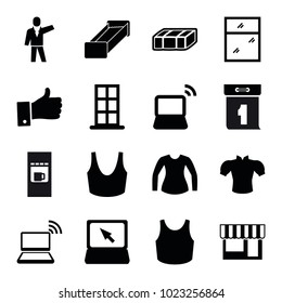 Front icons. set of 16 editable filled front icons such as garden bench, door, sport bra, blouse, laptop, thumb up, vending machine, window, businessman