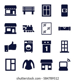 front icons set. Set of 16 front filled icons such as vending machine, store, level ruler, door, window, blouse, bench, locomotive, laptop, thumb up, washing machine