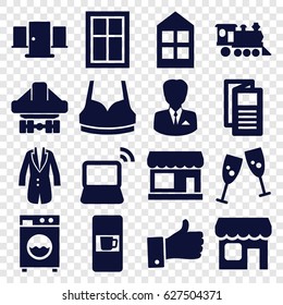Front icons set. set of 16 front filled icons such as vending machine, store, window, sport bra, news, locomotive, cargo plane back view, laptop, jacket, thumb up, shop