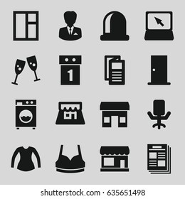 Front icons set. set of 16 front filled icons such as store, door, window, sport bra, blouse, news, laptop, shop, washing machine, businessman, office chair, newspaper