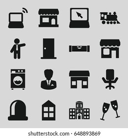 Front icons set. set of 16 front filled icons such as level ruler, door, window, businessman, locomotive, laptop, hospital building, shop, washing machine, office chair, store