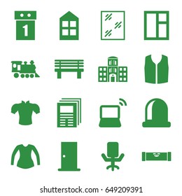 Front icons set. set of 16 front filled icons such as level ruler, door, window, blouse, sleeveless shirt, bench, locomotive, laptop, hospital building, office chair