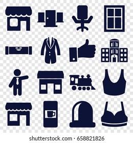 Front icons set. set of 16 front filled icons such as vending machine, level ruler, window, sport bra, businessman, locomotive, hospital building, jacket, thumb up, shop