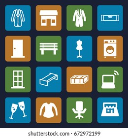 Front icons set. set of 16 front filled and outline icons such as garden bench, door, mannequin, blouse, bench, laptop, jacket, shop, washing machine, office chair
