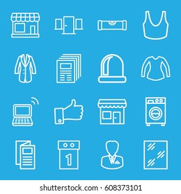 Front icons set. set of 16 front outline icons such as store, level ruler, window, sport bra, blouse, news, laptop, jacket, thumb up, washing machine, businessman