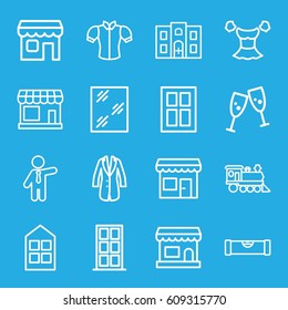 Front icons set. set of 16 front outline icons such as store, level ruler, door, window, blouse, businessman, locomotive, hospital building, jacket, shop
