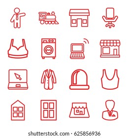 Front icons set. set of 16 front outline icons such as store, window, sport bra, businessman, locomotive, laptop, jacket, shop, washing machine, office chair