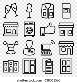 Front icons set. set of 16 front outline icons such as vending machine, window, mannequin, blouse, sleeveless shirt, news, laptop, hospital building, thumb up, shop