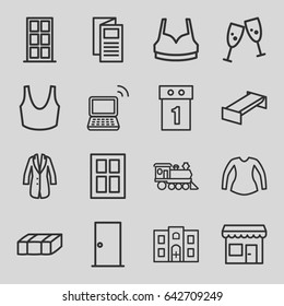 Front icons set. set of 16 front outline icons such as garden bench, door, window, sport bra, blouse, news, locomotive, laptop, hospital building, jacket, store