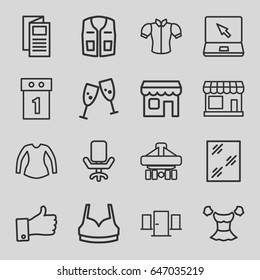 Front icons set. set of 16 front outline icons such as store, window, sport bra, blouse, sleeveless shirt, news, cargo plane back view, laptop, thumb up, shop, office chair
