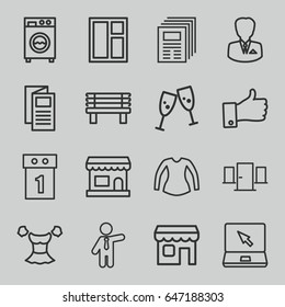 Front icons set. set of 16 front outline icons such as window, blouse, businessman, news, bench, laptop, thumb up, shop, washing machine, washing machine on sale, door