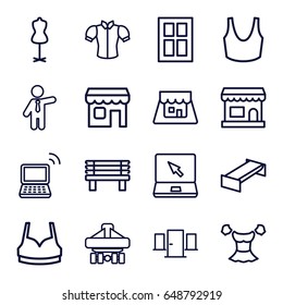 Front icons set. set of 16 front outline icons such as garden bench, window, mannequin, sport bra, blouse, businessman, bench, cargo plane back view, laptop, shop, door