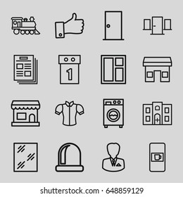 Front icons set. set of 16 front outline icons such as vending machine, door, window, blouse, locomotive, hospital building, thumb up, washing machine, businessman