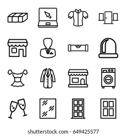 Front icons set. set of 16 front outline icons such as garden bench, level ruler, door, window, blouse, laptop, jacket, shop, washing machine, businessman, glasses clink