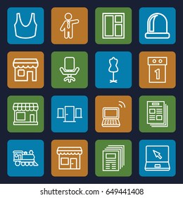 Front icons set. set of 16 front outline icons such as store, window, mannequin, sport bra, businessman, locomotive, laptop, shop, office chair, washing machine on sale, door