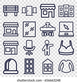 Front icons set. set of 16 front outline icons such as door, window, sport bra, blouse, businessman, bench, cargo plane back view, laptop, hospital building, shop