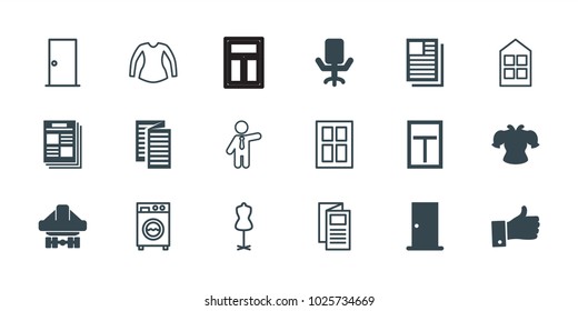 Front icons. set of 18 editable filled and outline front icons: door, cargo plane back view, newspaper, thumb up, office chair, window, mannequin, blouse, businessman, news