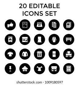 Front icons. set of 20 editable filled front icons such as vending machine, door, window, mannequin, store, bench. best quality front elements in trendy style.