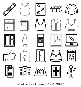 Front icons. set of 25 editable outline front icons such as garden bench, window, sport bra, blouse, businessman, news, newspaper, laptop, hospital building, thumb up, shop