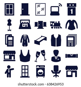Front icons set. set of 25 front filled icons such as garden bench, store, level ruler, door, window, mannequin, sport bra, blouse, sleeveless shirt, businessman, news